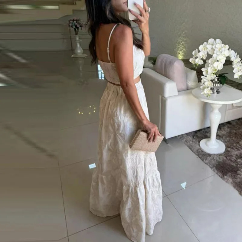 Casual Bohemian Holiday Outfit 2025 Summer Sling Top with Long Skirt Two Piece Sets Fashion Flower Print Hollow Slim Women Suit 250403