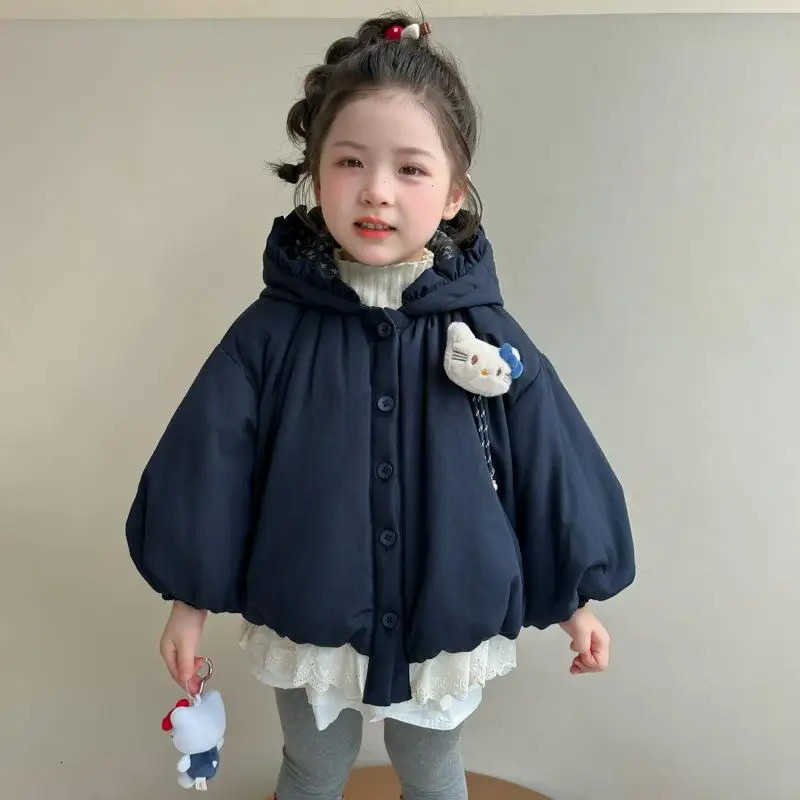 Sanrio Hello Kitty Girl Cotton jacket Kawaii Fashion Winter Student Casual Zipper Keep Warm Thickening Tops Lace Childrens Clothing H251104