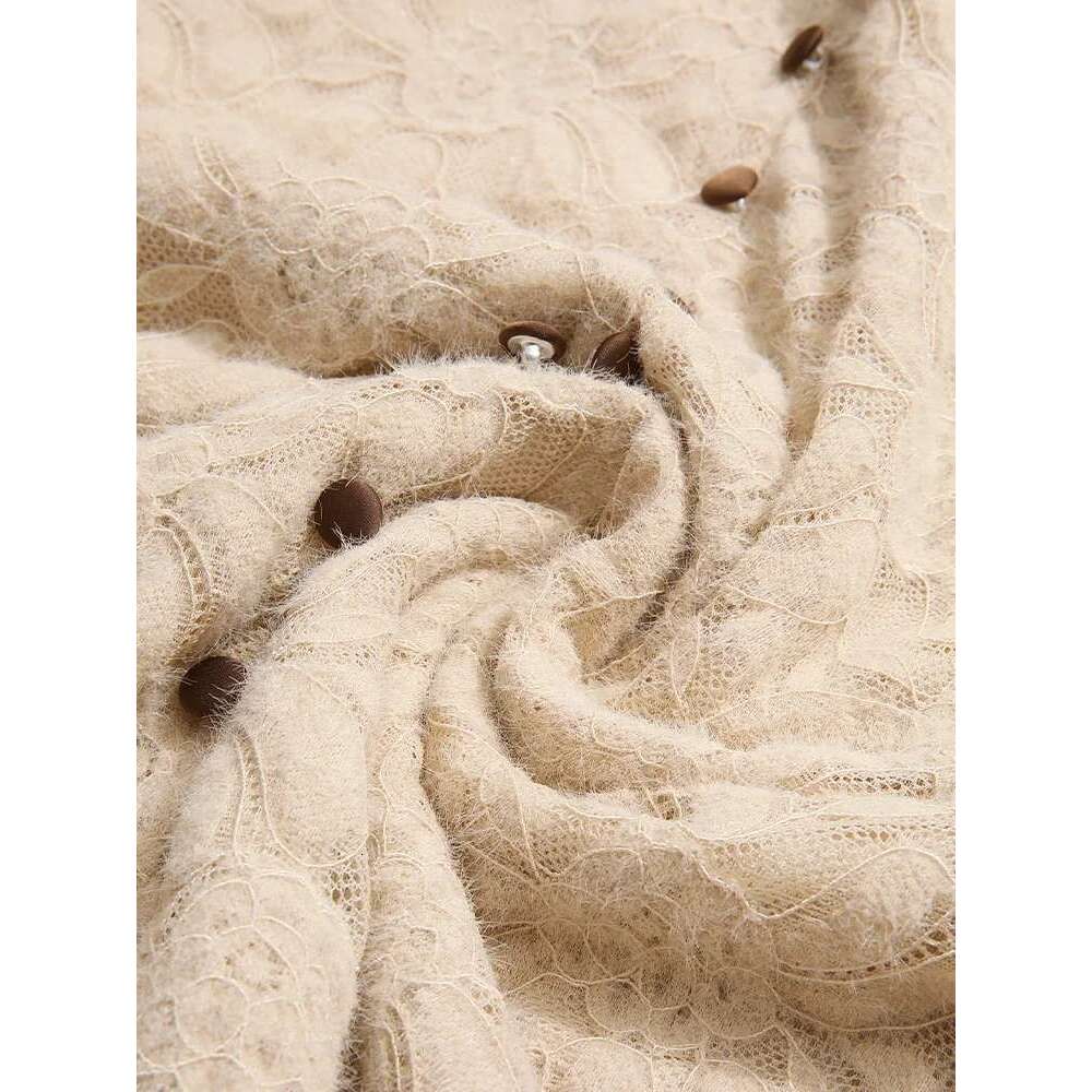 French Women's Veet Lace Base Autumn Winter Khaki Top Contrast Splicing Fungus Edges Shirt