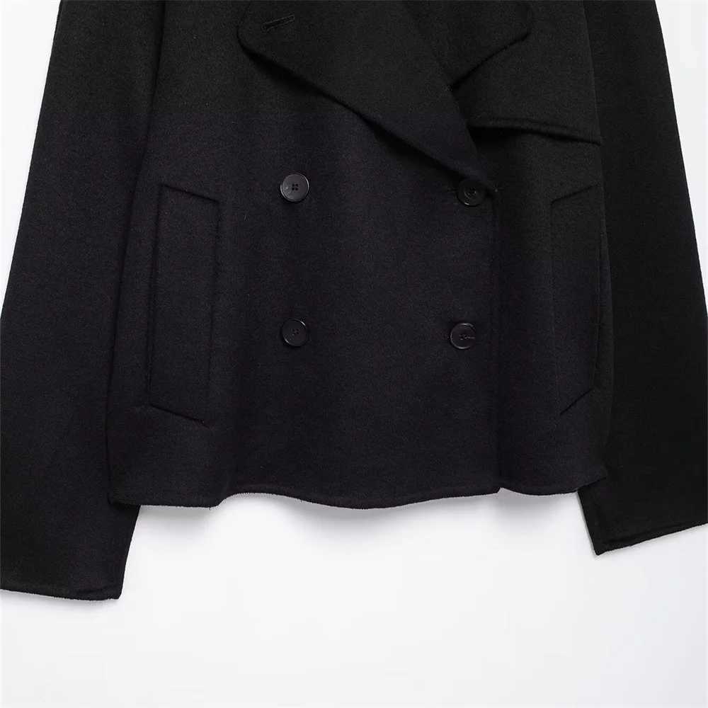 Double breasted Solid Color Short Coat AutumnWinter New Collection Collar Long Sleeve Casual Coat J251103