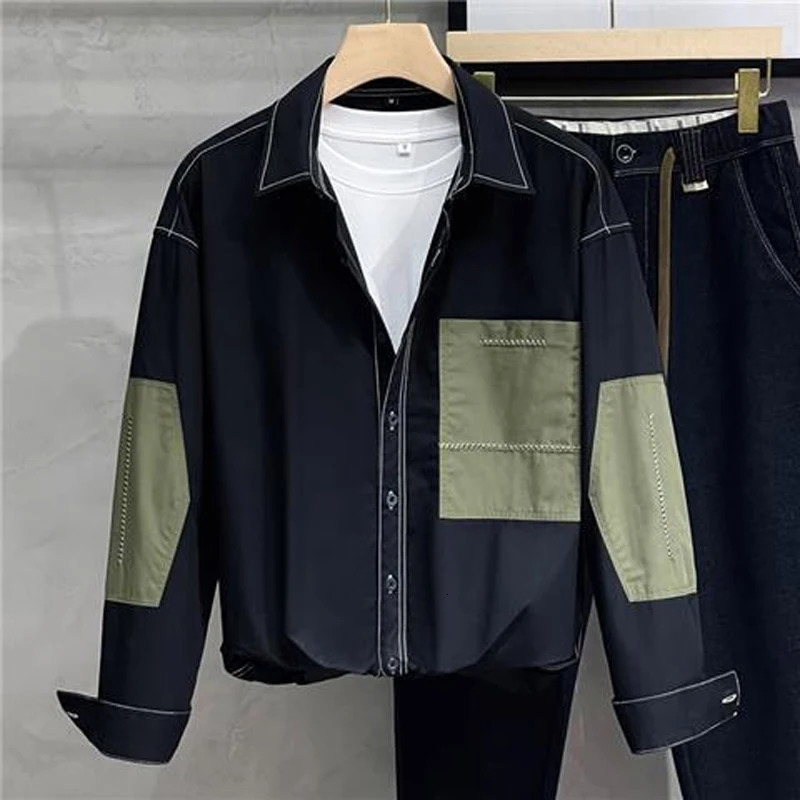 Spring and autumn polo neck fashionable long sleeved mens street patch work contrasting color button up cardigan casual loose top 250403