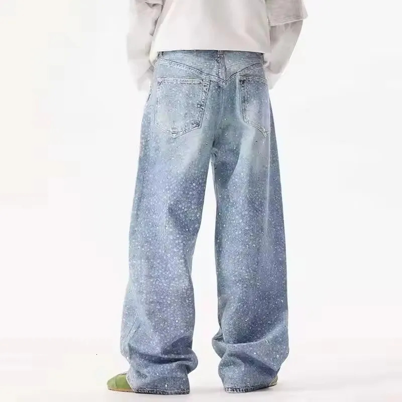 Streetwear Vintage Rhinestone Sequin Washed Jeans Y2K Mens Womens Hip Hop Starry Blue Baggy Jeans Mid Rise Wide Leg Trousers 251031