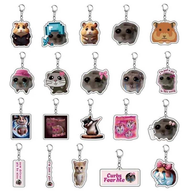 Fun Meme Im Just A Girl Sad Hamster Keychain Cartoon Acrylic Animal Key Chain for Backpack Phone Pendant Keyring Fans GiftsW251103