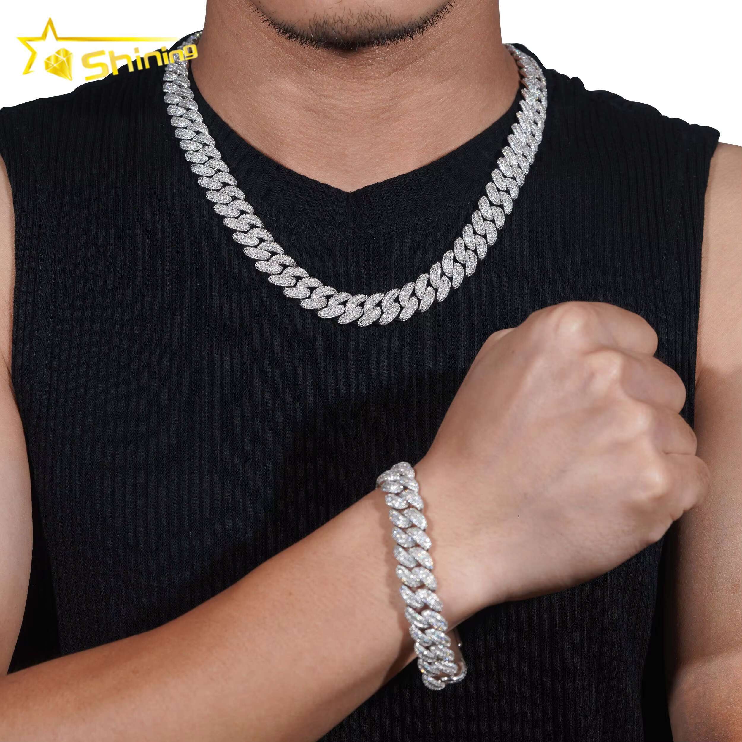 Hot Sale Sterling Sier Iced Out 13mm Rapper Style Hip Hop Prong Moissanite Cuban Link Chain