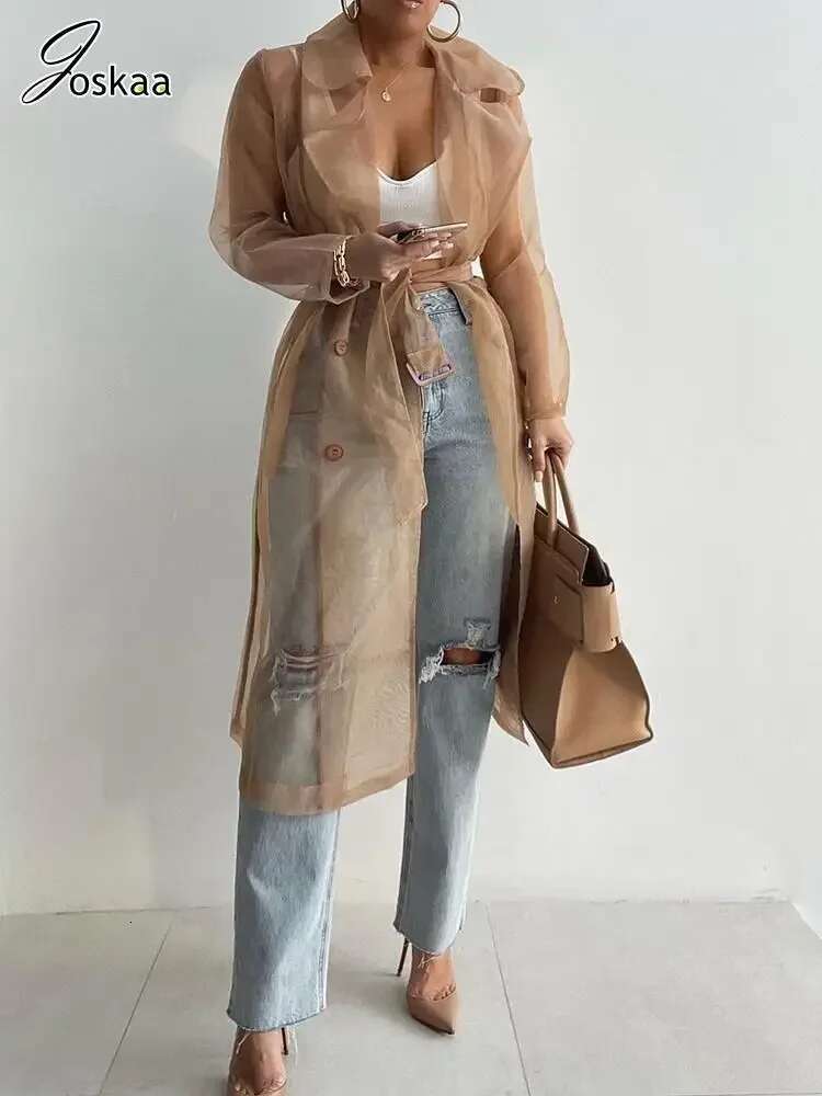 Joskaa Solid Organza See Through Lapel Full Sleeve Trench 2023 Summer Women Fashion Buttoned Coat With Belt Elegant Shirts