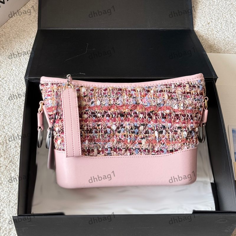 Vintage Women Two-tone Shoulder Bag Knitting Tweed Hobo Gold Silver Matelasse Chain Adjustable Leather Strap Zipper Tote Underarm Cross Handbag M