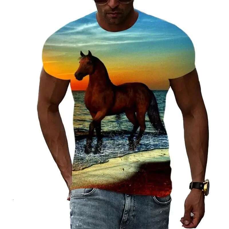 New Tide Summer Fashion Horse Picture T-shirts Casual Print Tees Hip Hop Personality Round Neck Short Sleeve Tops