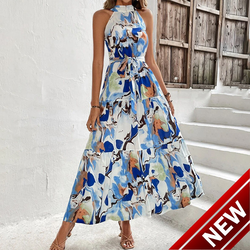 2025 Summer Womens New Bohemian Printed Sleeveless Large Swing Ruffle Edge Dress