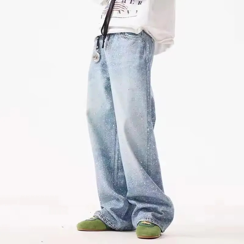 Streetwear Vintage Rhinestone Sequin Washed Jeans Y2K Mens Womens Hip Hop Starry Blue Baggy Jeans Mid Rise Wide Leg Trousers 251031