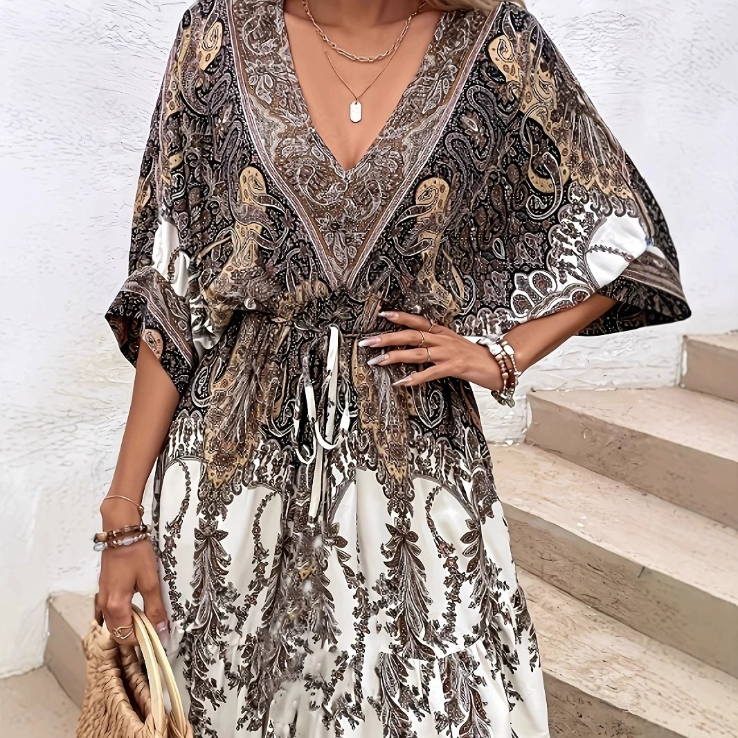 2025 Ethnic Style V-neck Printed A-line Skirt Bohemian Beach Dress