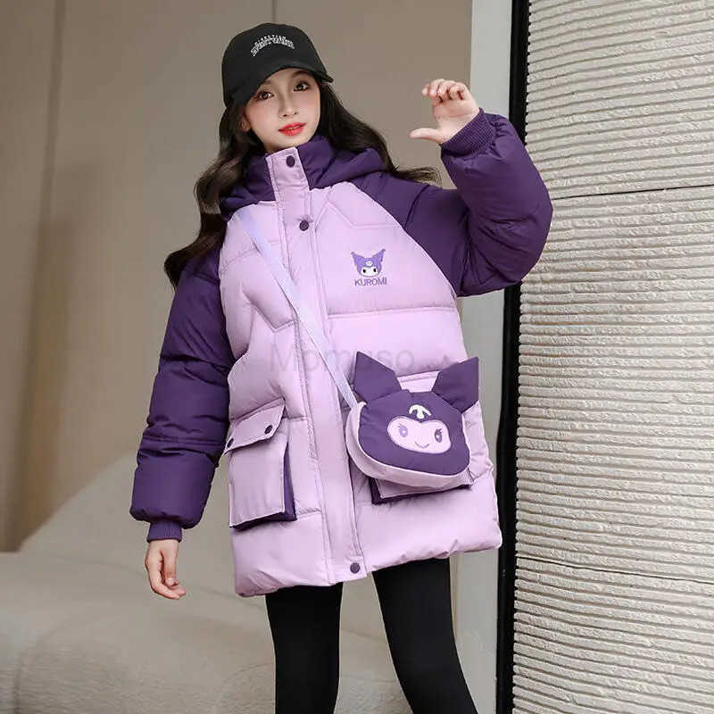 Sanrio Girl Child Cotton Clothes Kuromi Hooded Velvet Thicken Kawaii Anime Figure Childrens Clothing Autumn Winter New Jacket for Kids H251104