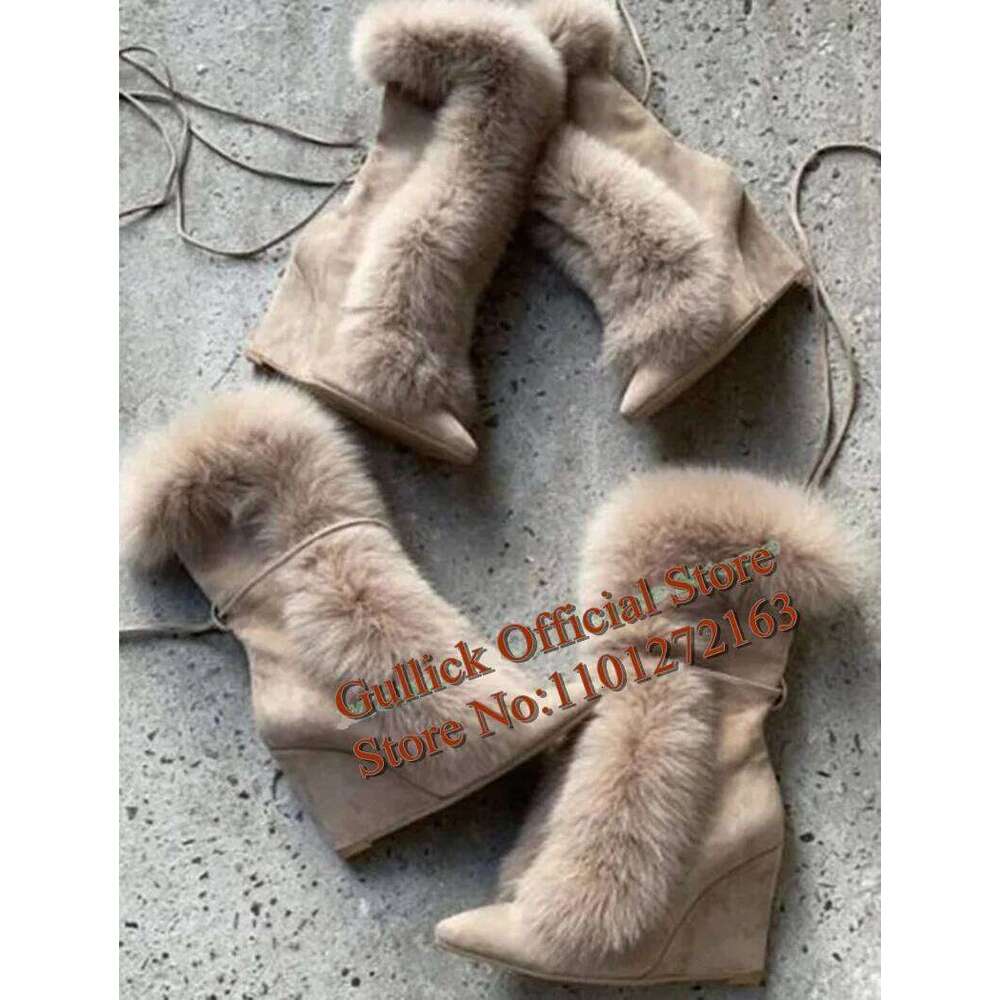 Newest Fur Tassels Woman Wedge Sexy Pointed Toe Beige Brown White Suede Winter Warm Wedged Heels Mid-Calf Boots