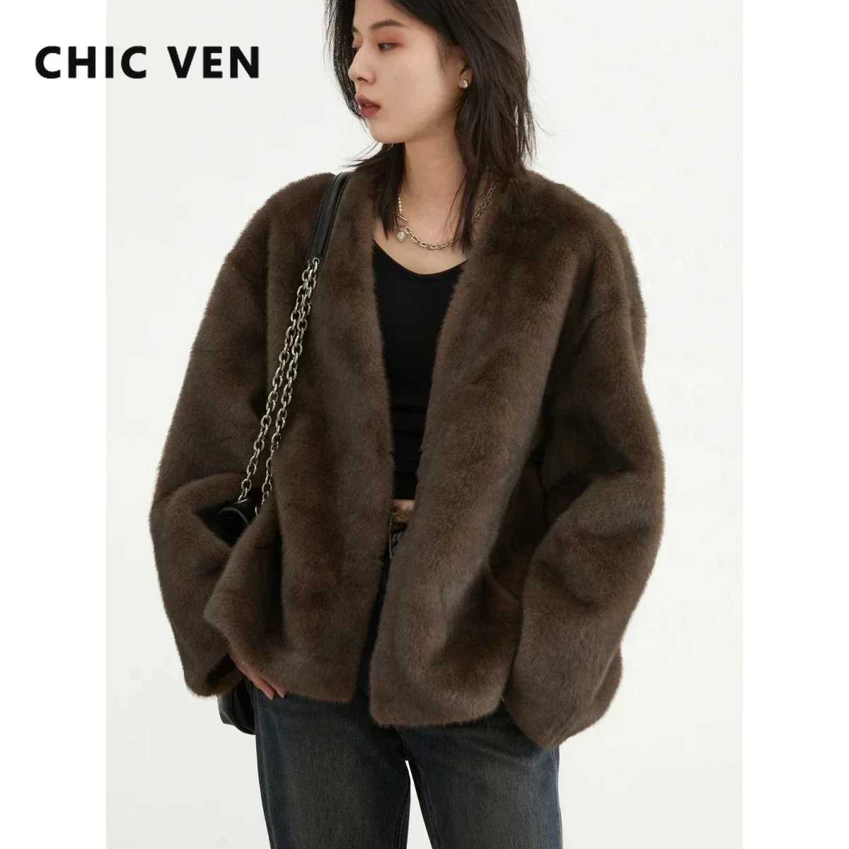 CHIC VEN Womens Jacket Loose Casual Solid Overcoat New Female Plush Coat Vneck Woman Outerwear Autumn Winter 2023 J251103