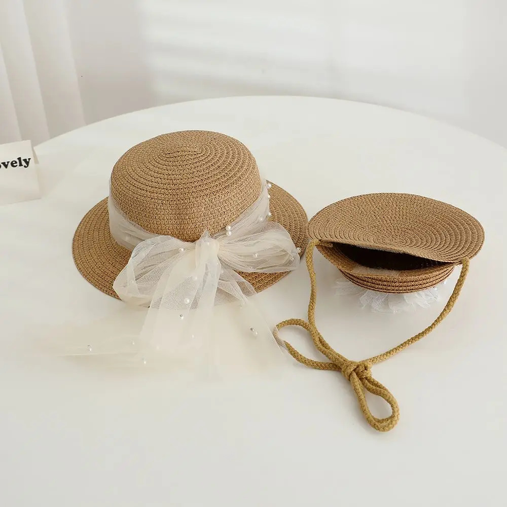 2pcs set Girls Straw Hat Shoulder Bag Kids Summer Holiday Fisherman Hats Baby Princess Lace Pearl Bowknot Beach Straw Sun Cap 250326