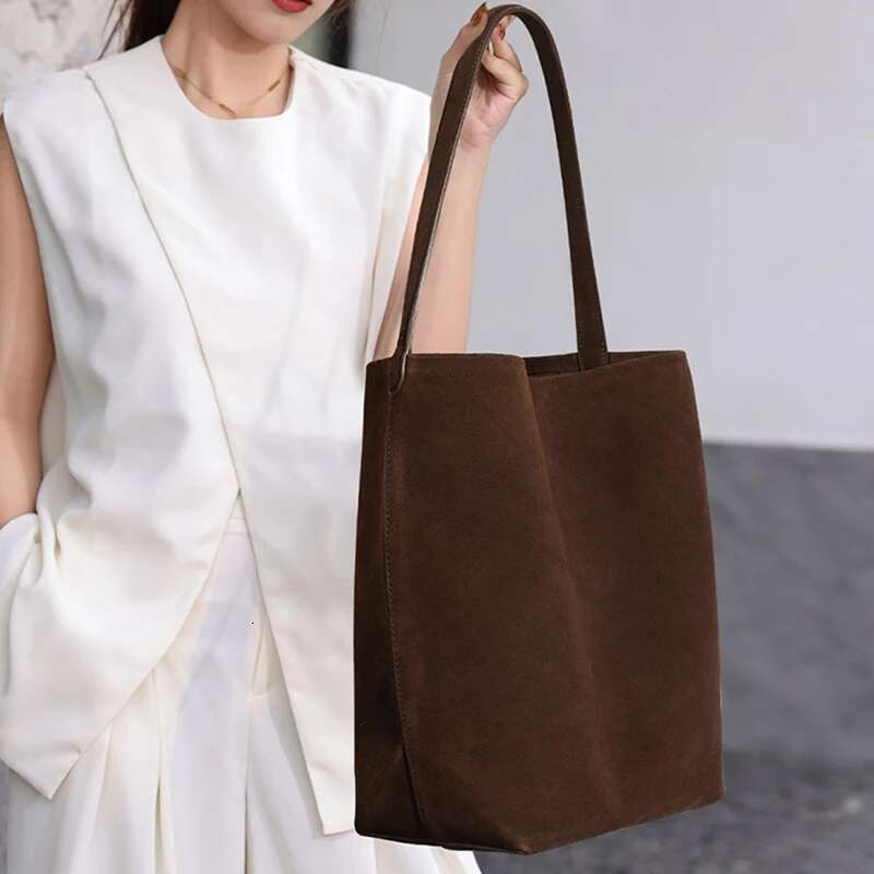 Natural Cow Suede Tote For Women Nubuck Coffee Large Capacity Shoulder Bag Genuine Leather