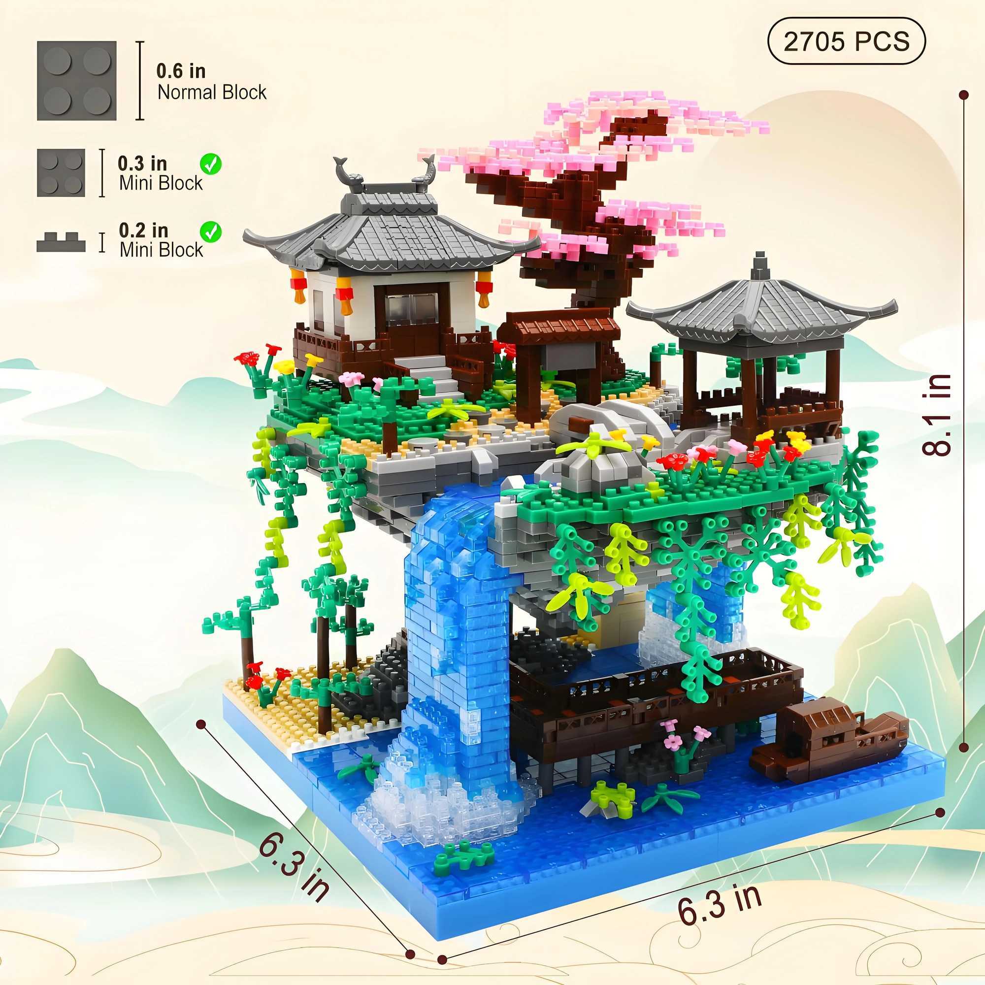 Peach Blossom Lake Building Blocks Micro Building Set Tranquil Garden with Flowers and Lights A Floating Architecture Model C251104