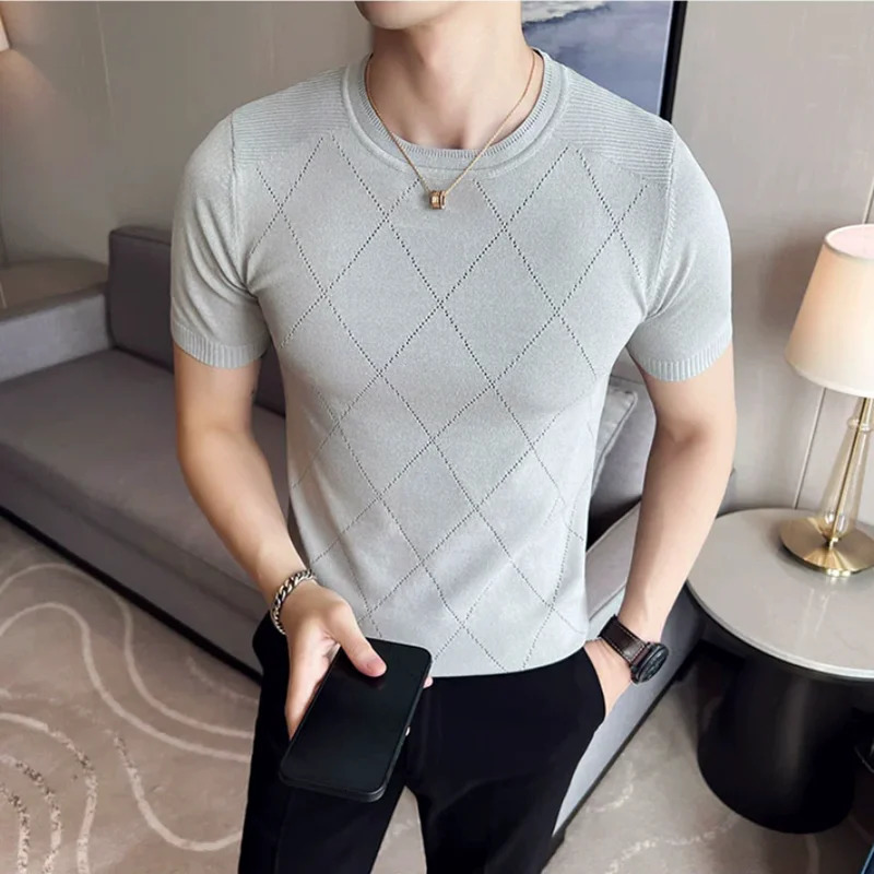 Summer silk breathable short sleeved knitted T-shirt mens round neck slim fit casual elastic T-shirt mens 3XL-M 250403