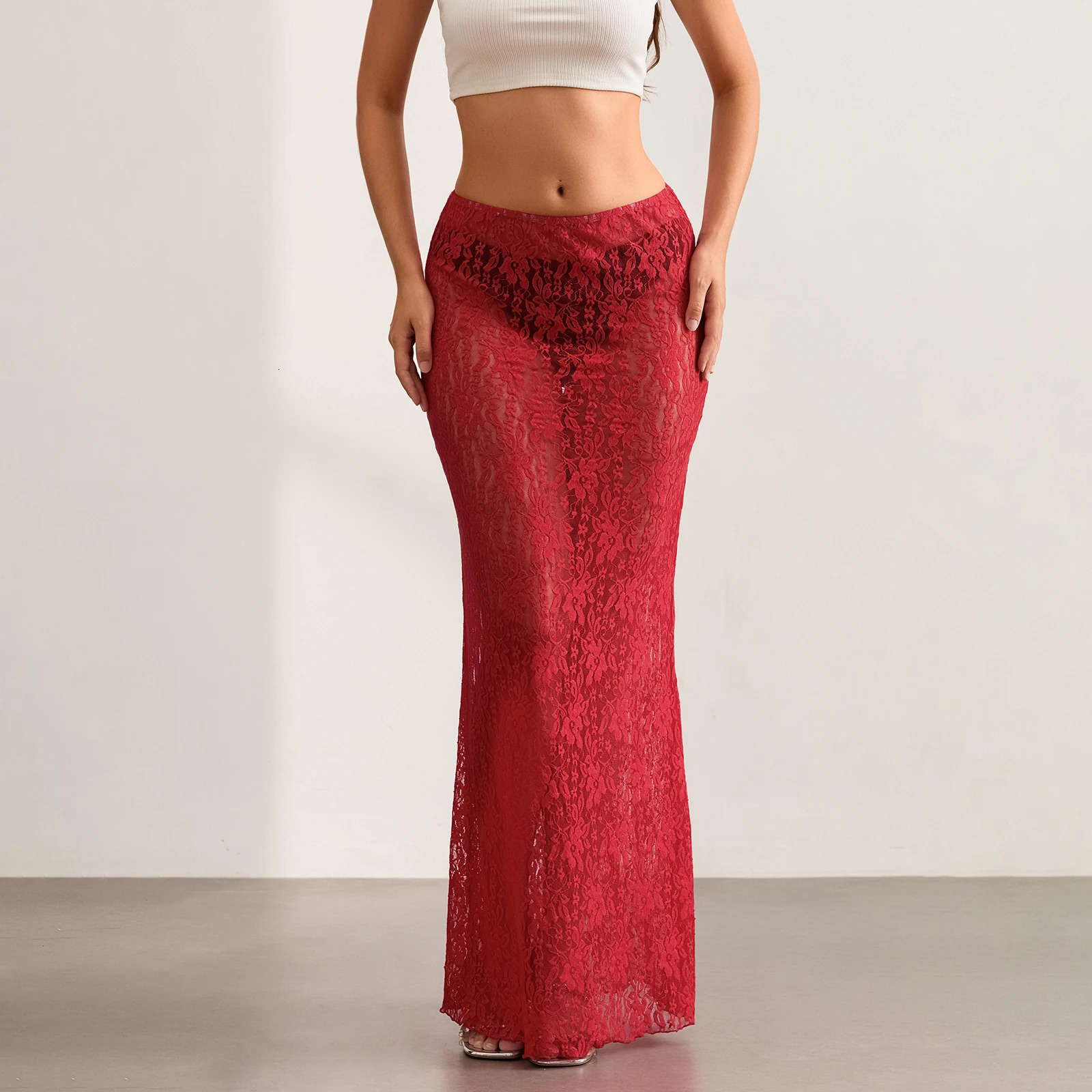 Women Sexy Sheer Lace Maxi Skirts Female Summer Boho See Through Bodycon Long for Party Club Streetwear Y2K Fairy Clothes 251103