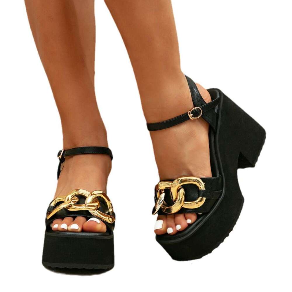 Spring/Summer New Slope Thick Sole Fashion Large Heel Gold Chain Buckle Women's Sandals