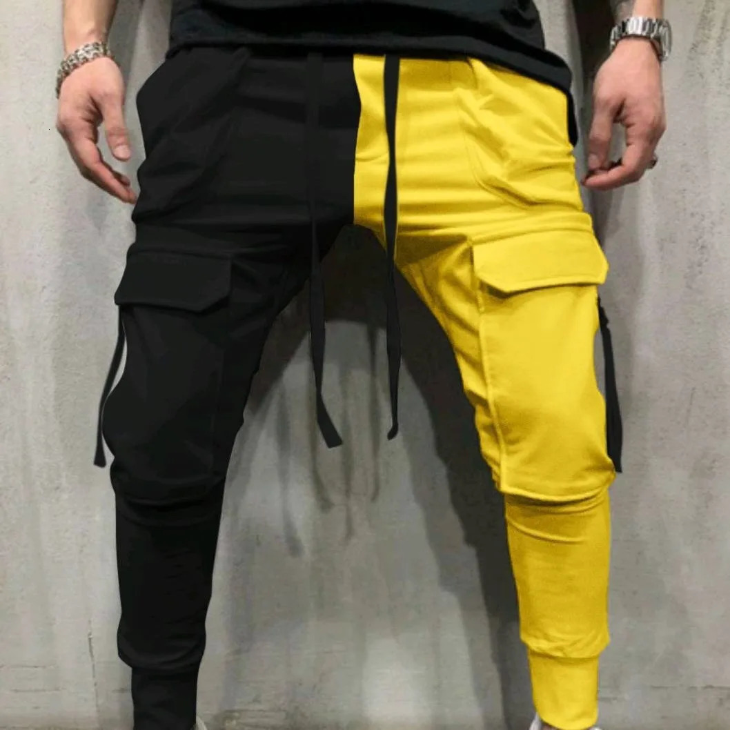 Mens sports and leisure multi pocket zipper pants colorful binding foot elastic waistband running fitness 250403e