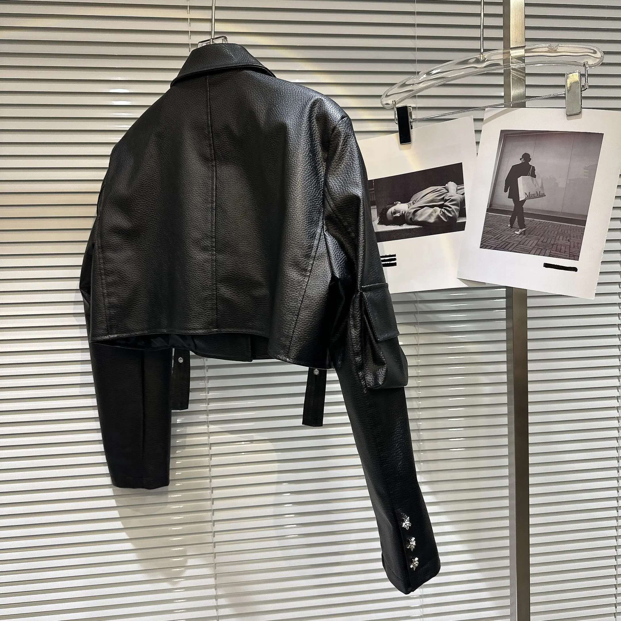 PREPOMP 2023 Autumn New Arrival Multi Pockets Bandage Black Pu Faux Leather Jacket Women GL806