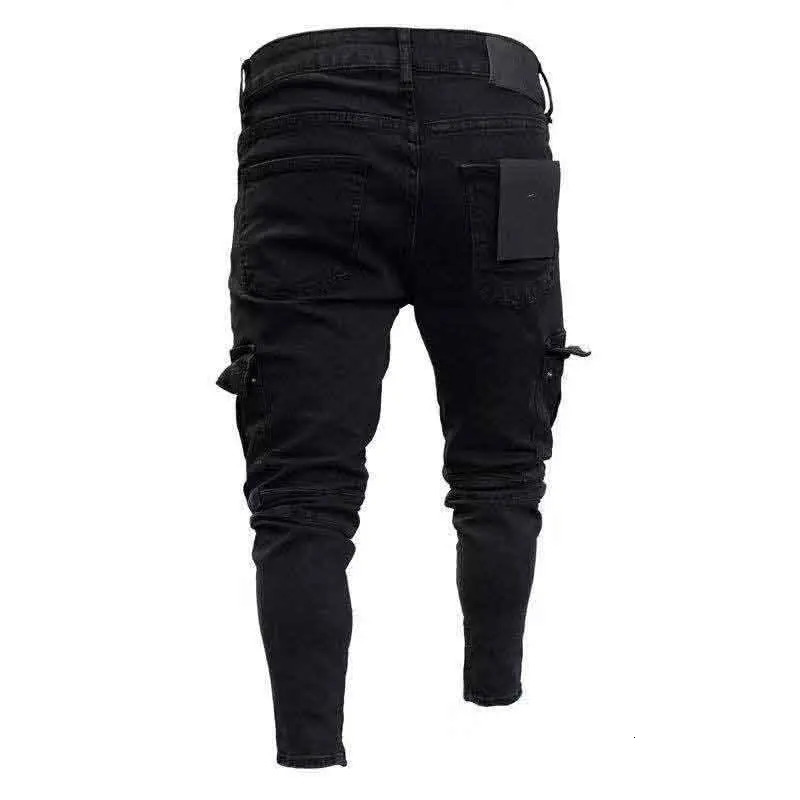 Mens Black Side Multi Pocket Cargo Jeans Fashion Hole Zipper Small Foot Denim Pants Cotton Elastic Jogging Trousers Street Clothing 250403e