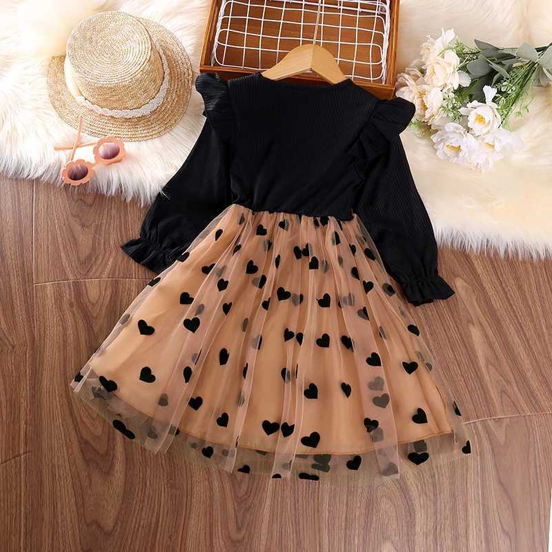 Dress Kids Girls 4-7 Years Black Long Sleeve Knitted Mesh Patchwork Dress For Girls Baby Girls Birthday Party Evening Dress C251104
