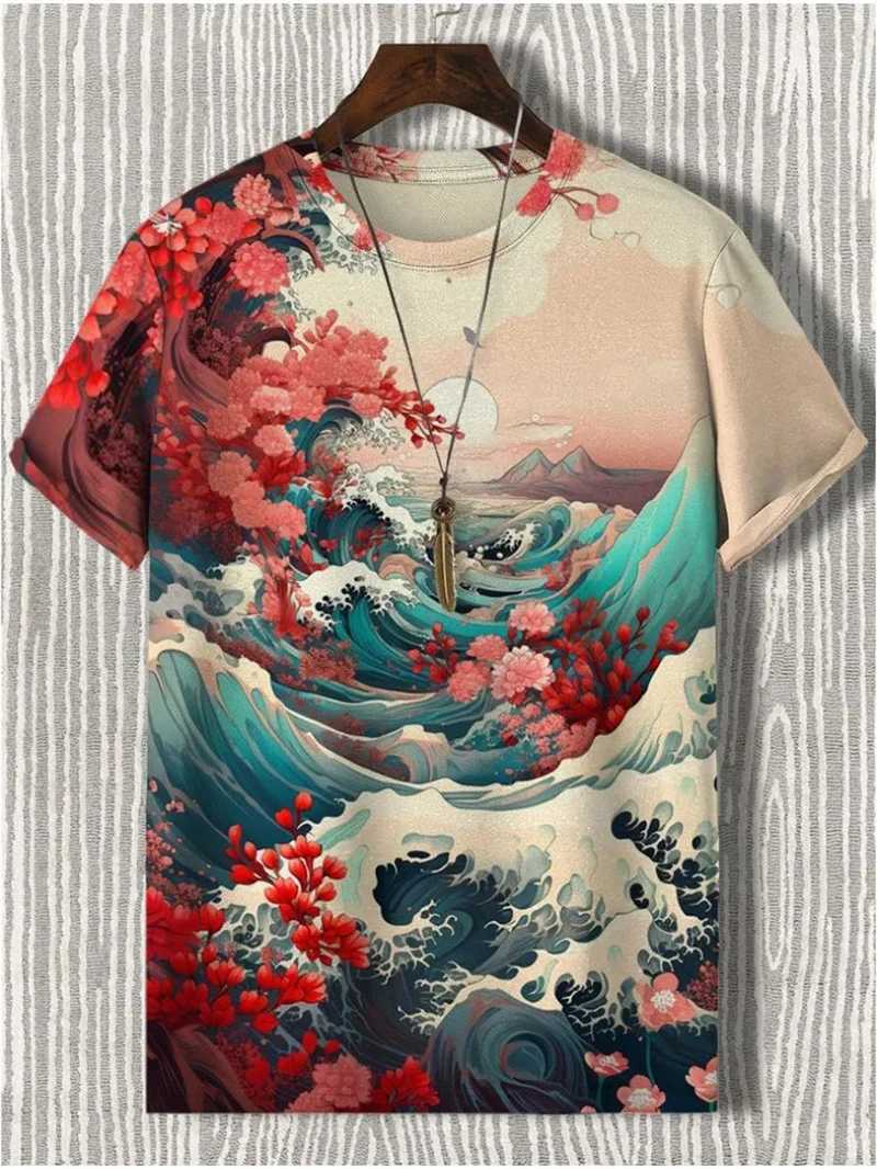 Japanese ukiyo-e graphic T-shirt mens animal wave sun 3D printed T-shirt casual short sleeved T-shirt outdoor oversized O-neck top W250403