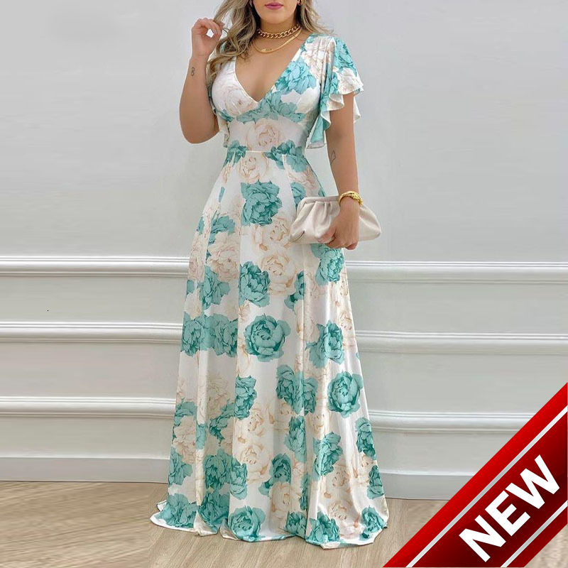 2025 Spring/Summer New Womens V-neck Printed Long Skirt with Temperament Commuting High Waist Dress
