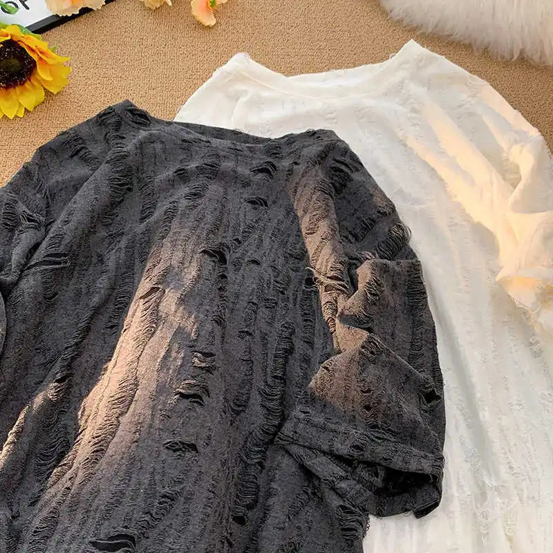 Niche Hollow Hole Short Sleeve T-shirt Mens Street Hip Hop 1/3 Sleeve Trendy Loose American Couple Fashion Top City 250403