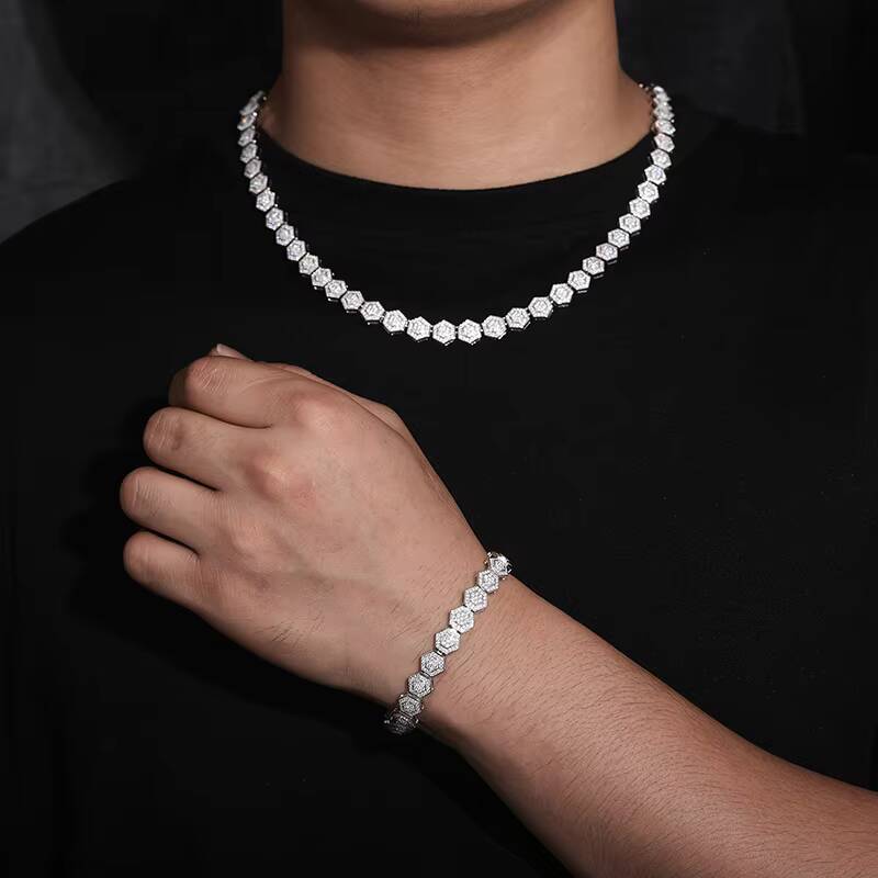 Bling Iced Out Mens Jewelry Geometric Bracelet 9mm 925 Sterling Silver Vvs Moissanite Diamond Hexagon Bracelet