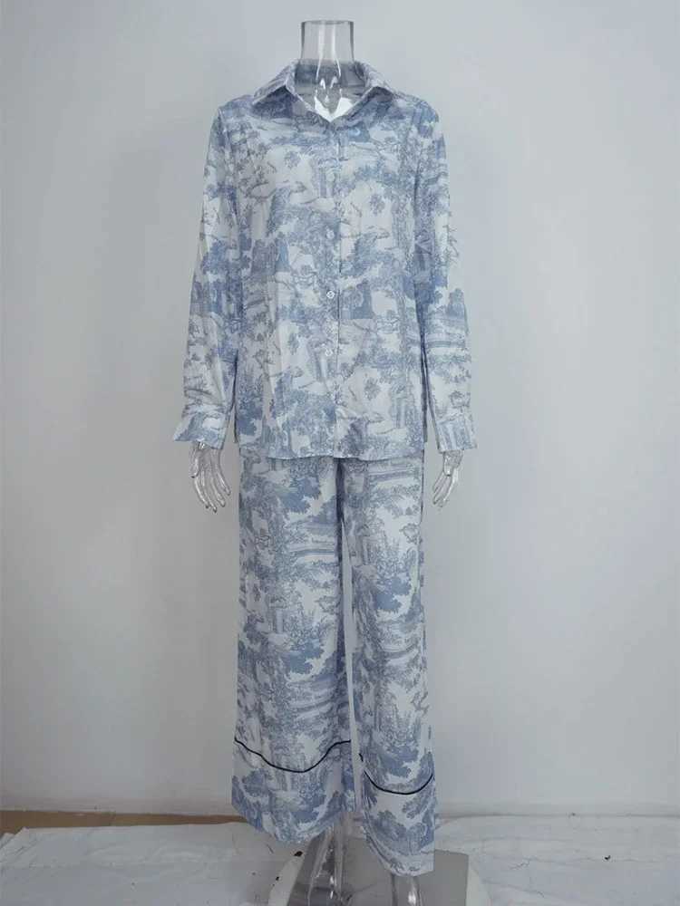 Fashion Fashion Vintage Pattern Printed Outfits Lapel Collar Shirt Long Pant Suit Spring Summer Causal Long Sleeve Loose Pant Sets Y251104