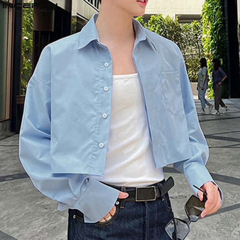 INCERUN Tops Korean Fashion Mens Solid Simple Shirt Summer Casual Street Mens Long Sleeve Shirt 250403