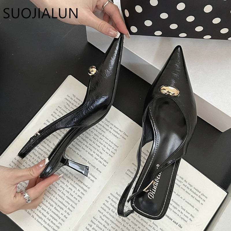 SUOJIALUN Summer Women Sandal Shoes Fashion Pointed Toe Shallow Slip On Ladies Elegant Slingback Shoes Pumps 251030