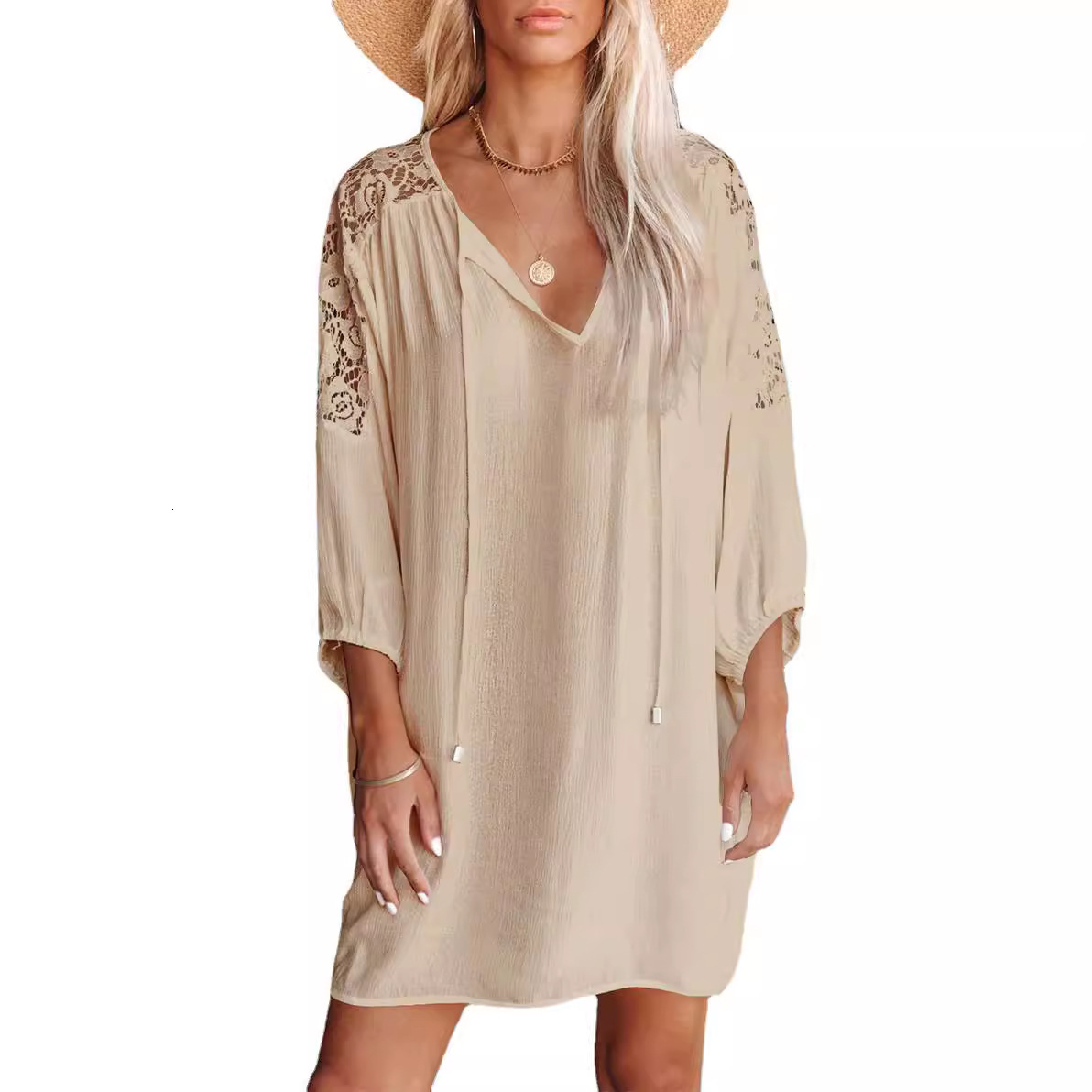 2025 Womens Beach Sunscreen V-neck Lace Shoulder Lace Cotton Long Dress with Seven Inch Sleeves