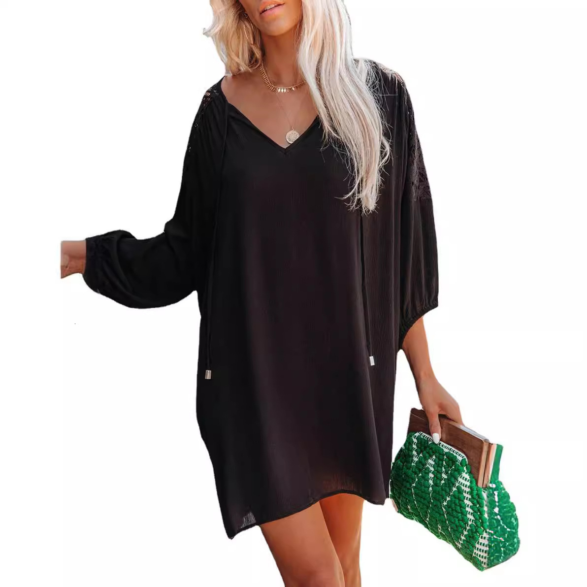 2025 Womens Beach Sunscreen V-neck Lace Shoulder Lace Cotton Long Dress with Seven Inch Sleeves