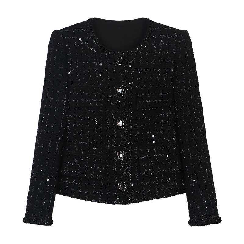 New fashionable and elegant celebrity sequin temperament small fragrance style tweed round neck singlebreasted jacket J251103