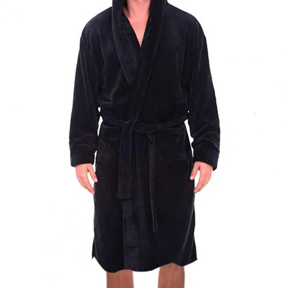 Belt Flannel Bath Robe for Men Pockets Warm Men Hooded Nightgown Plush Bathrobe Men Sleepwear Home Clothes Loose Pajamas Robe C251104
