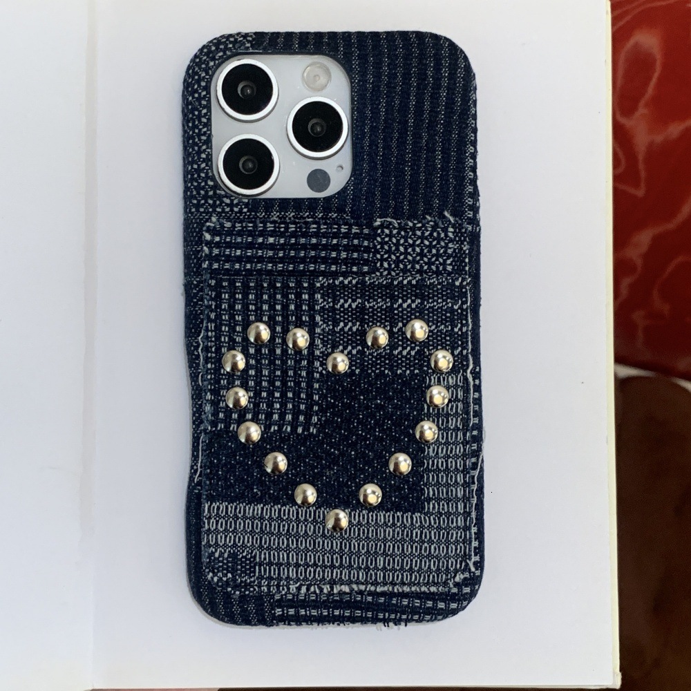 Rivet Heart Solid Color Card Holder Phone Case Compatible with iPhone 17/16/15 Pro Max iPhone 14/13 Pro Niche