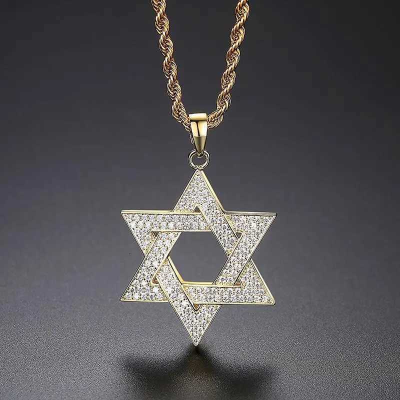 Hip Hop Men Gold Color Plated Jewelry Micro Pave Iced Out Cz Stone Star of David Pendant Hexagram Israel Judaism NecklacesXJ251104