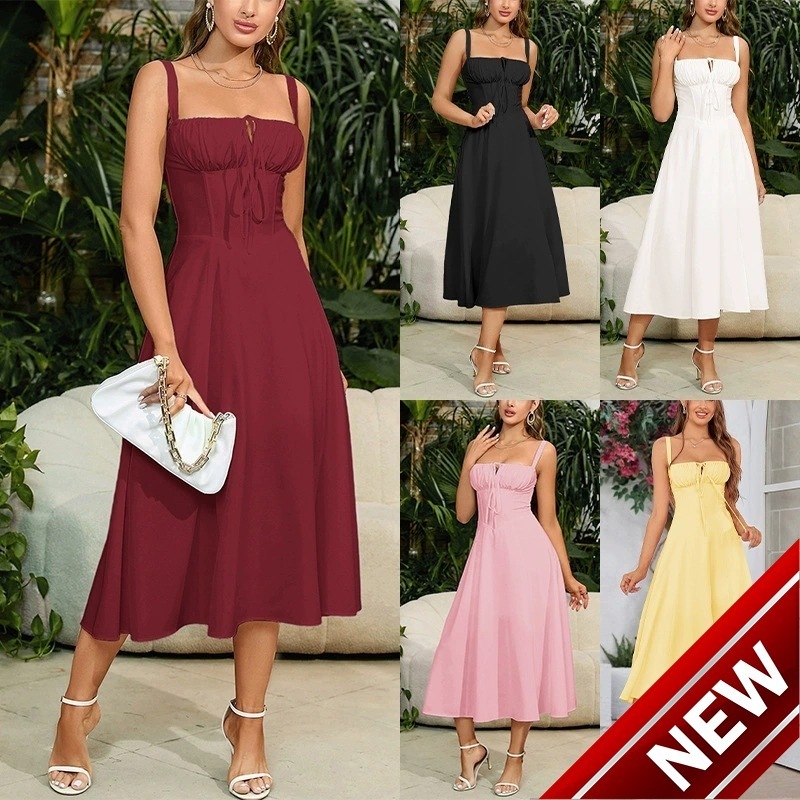 2024 Summer New Thin Waist Fishbone Shaped Split Drawstring Strap Bag Chest Strap Dress