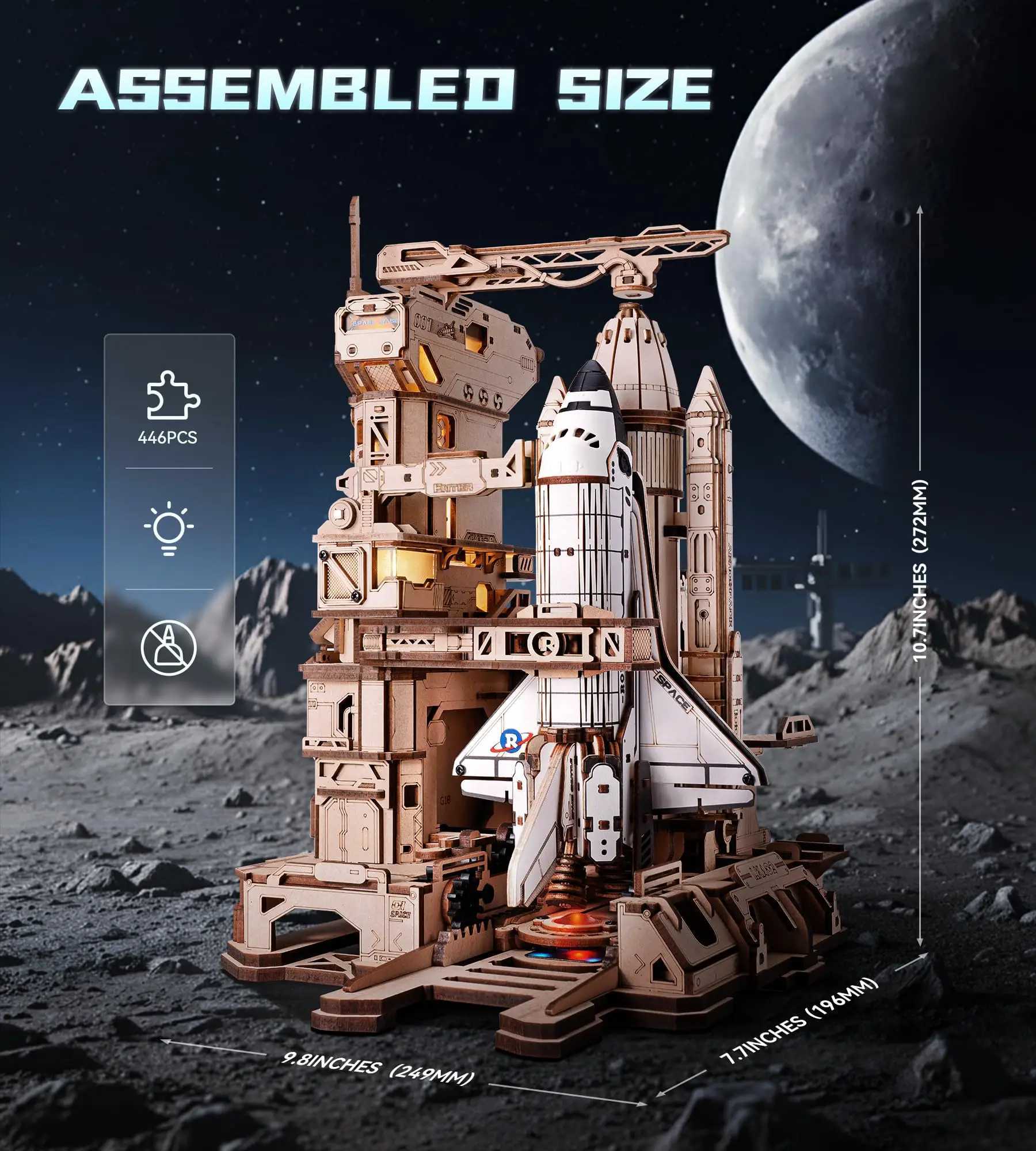 ROKR Space Shuttle 3D Wooden Puzzle Moving Rocket Launch Tower with Lights Mechanical Building Set STEM Project for Adults Teens C251104