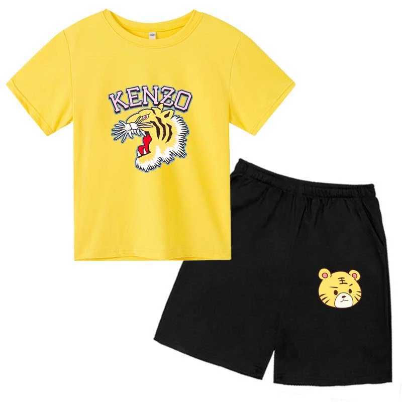 Summer T-shirt Childrens Set 3-14 Year Old Boys and Girls Casual Short sleeved T-shirt+Shorts Printed Tiger Clothing J250403