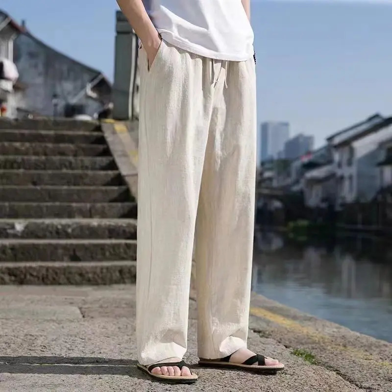 2025 Summer Casual Linen Pants For Men Loose-fit Straight-leg Cropped Pants Chinese Style Summer Thin Cotton Linen Trousers 250402