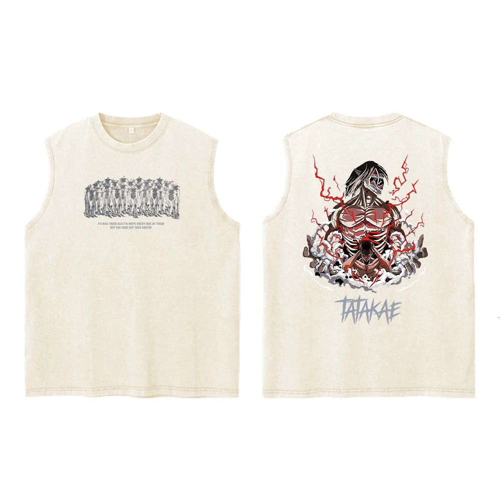 Attack on Titan Anime Acid Washed Printed Vest 100% Cotton Streetwear Tops Vintage Manga Fashion Oversized Vest for Men Unisex 250402