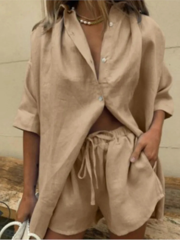 Summer Fashion Leisure Pure Cotton Solid Color Set Womens Short Sleeve Loose Shirt Wide Leg Shorts Two Piece Set Womens Set 250328