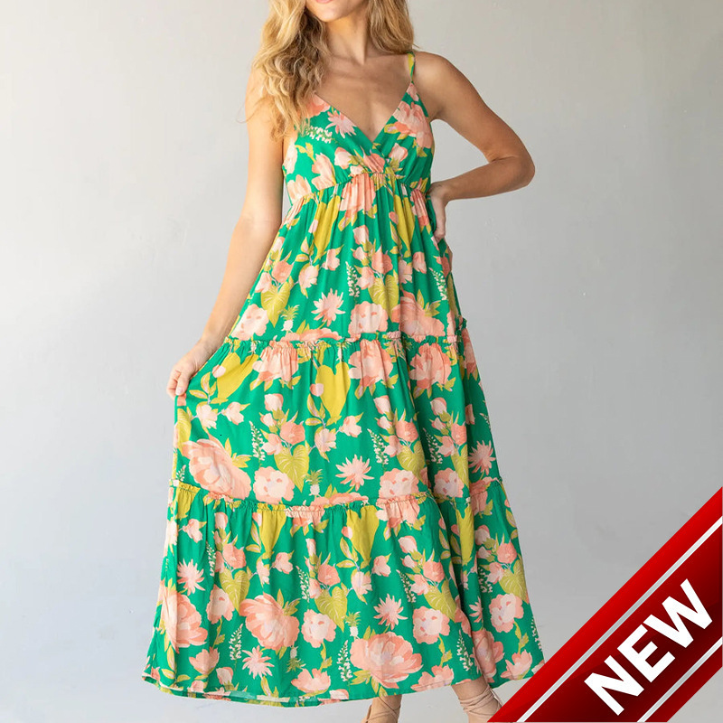 2025 summer long camisole dress sexy backless printed pleated cross V-neck dress