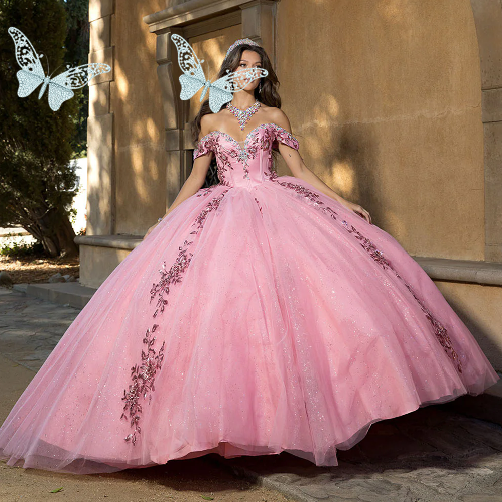 Floral Pink Quinceanera Dresses Off The Shoulder Appliques Lace Beads Prom Dress Tull Tiered Vestidos De 15 Floral Formal Princess Party Ball Gowns