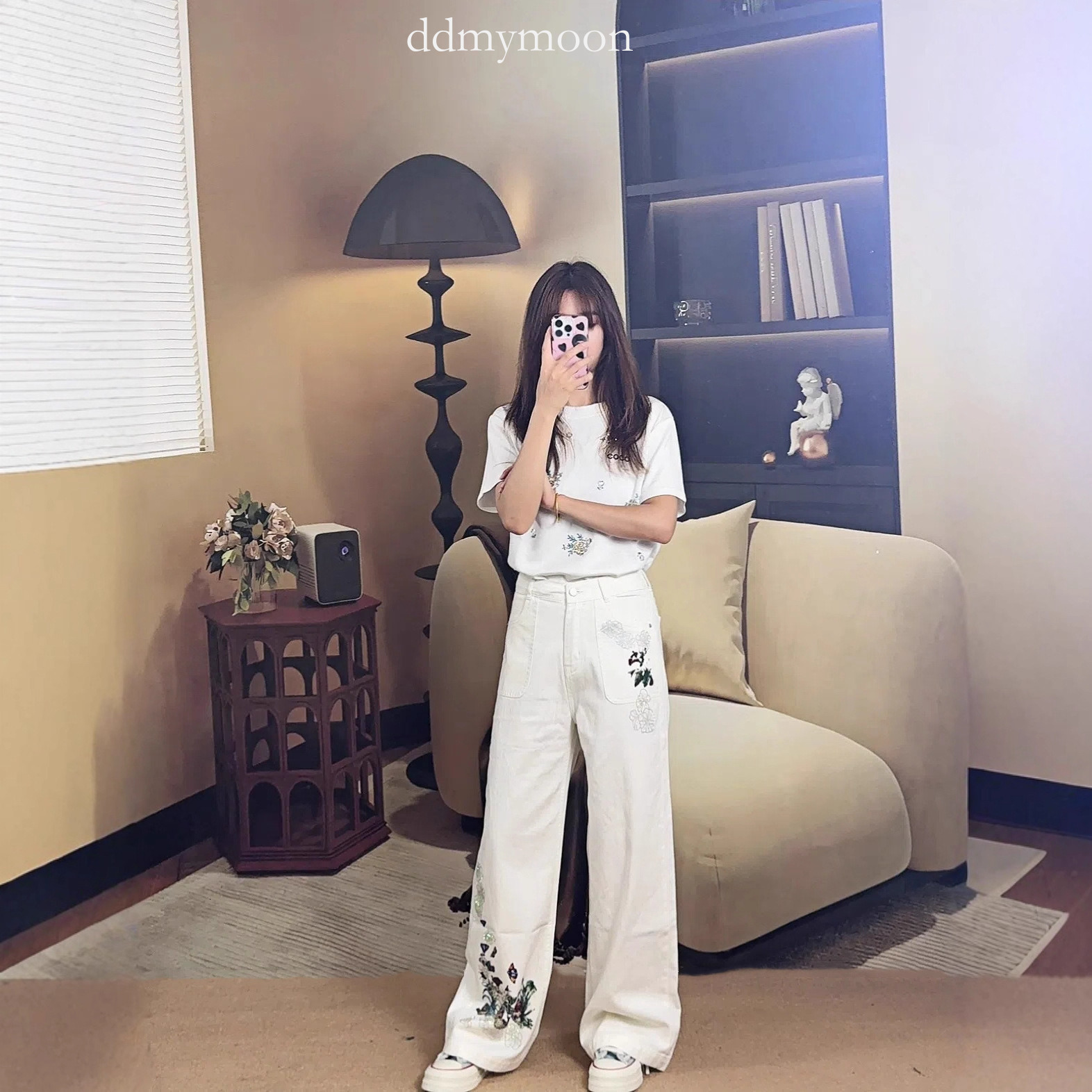 Slimming High-Waisted White Wide-Leg Jeans for Women Petite Spring and Autumn New Loose Versatile Fashionable Comfortable Essential ddmymoon