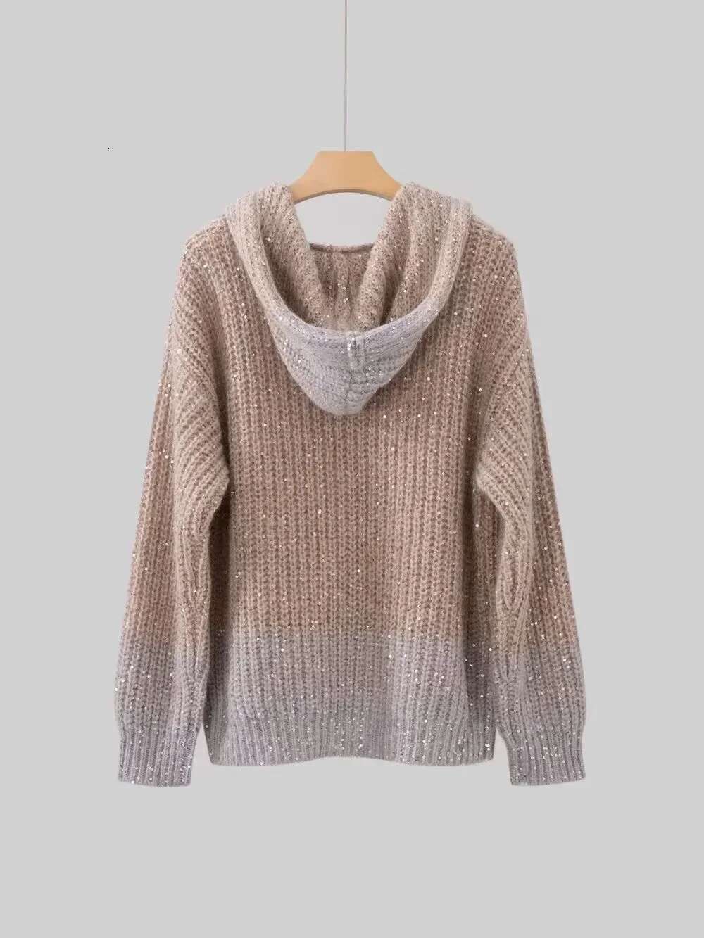Sequins Gradient Mohair Hooded Long Sleeve Loose Coat Women Sweater Mujer Knitted Cardigan Feminino